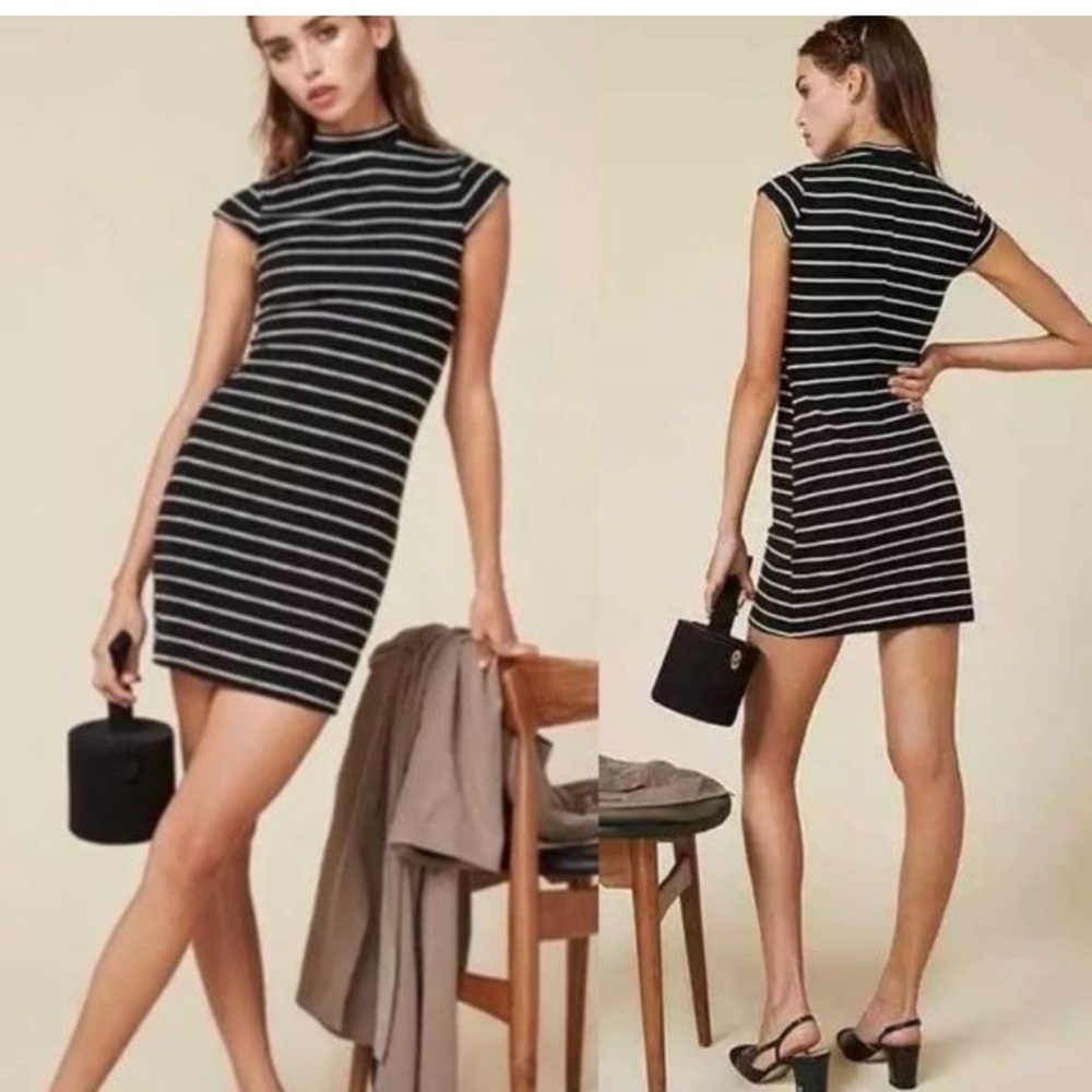 Reformation Womens Edie Striped Ribbed Mock Neck Mini Dress Size XS